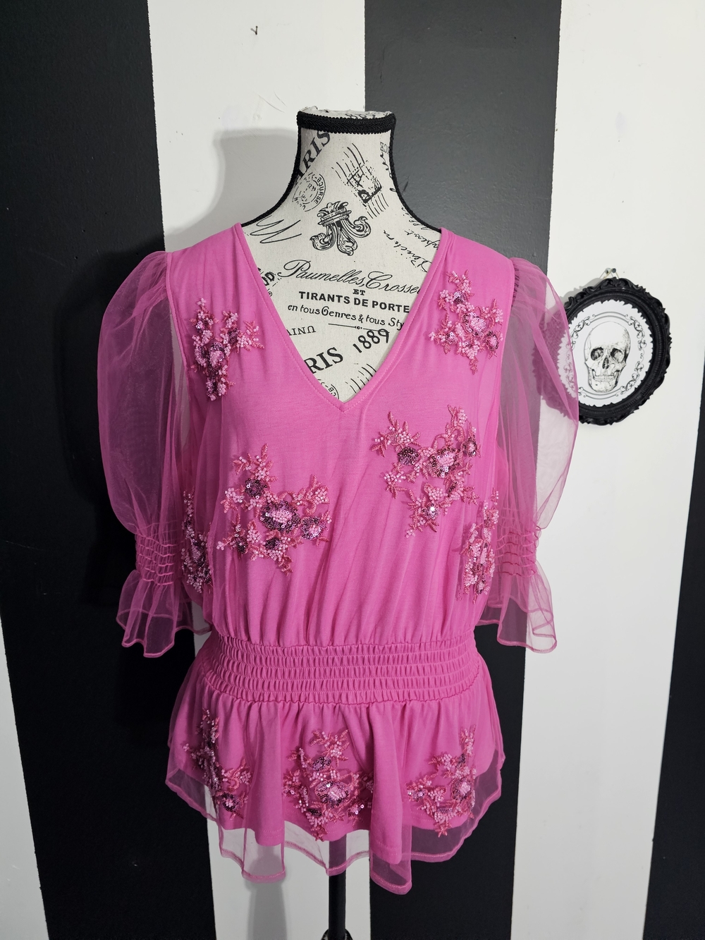 DG2 by Diane Gilman Hot Pink Embroidered V-Neck Peplum Tunic